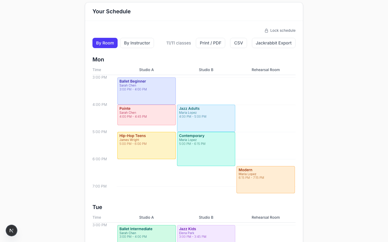 Generated conflict-free schedule grid showing classes assigned by room and time