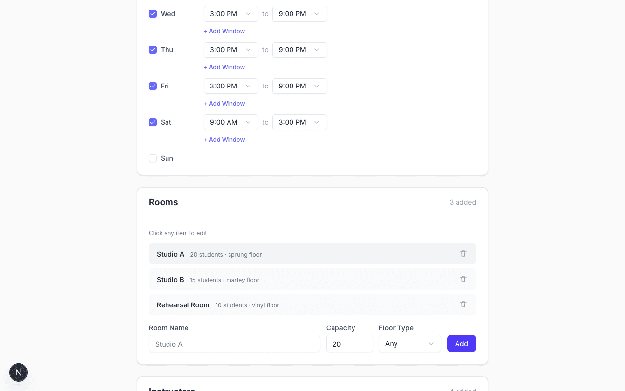 Cadence schedule builder showing rooms and operating hours